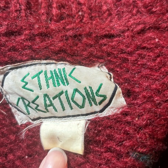 Vintage Ethnik Creations Chunky Knit Cardigan Red Fuchsia Green Floral Sz L - Picture 5 of 6